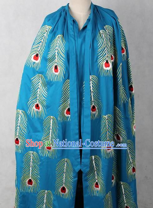 Chinese Opera Blue Peacock Feather Mantle Cape