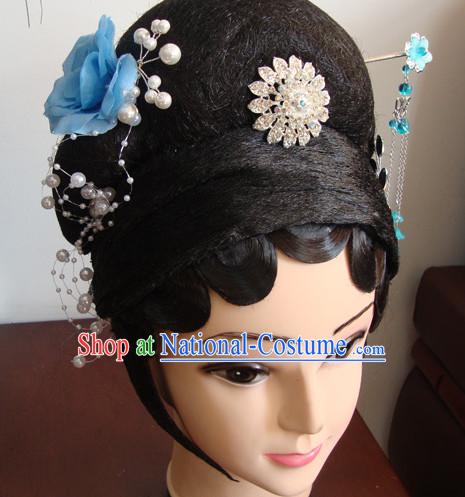 Chinese Professional Stage Theatrical Performances Dou Er Long Wigs and Hair Jewelry Set