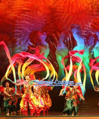 Chinese Folk Classic Long Ribbon Dance Costumes and Headwear Complete Set for Men and Women