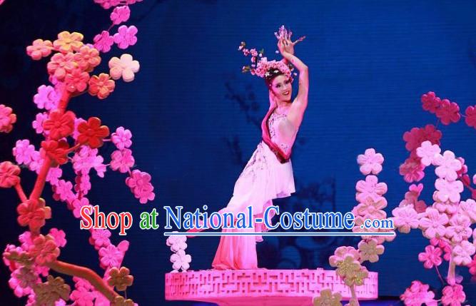 Chinese Folk Classic Peach Blossom Dance Costumes and Headwear Complete Set for Women