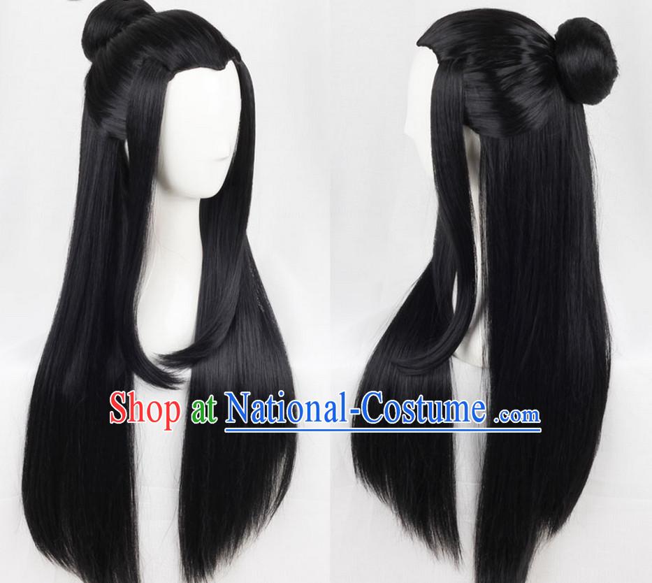 Ancient Chinese Classic Ancient Asian Korean Japanese Black Long Wigs for Men