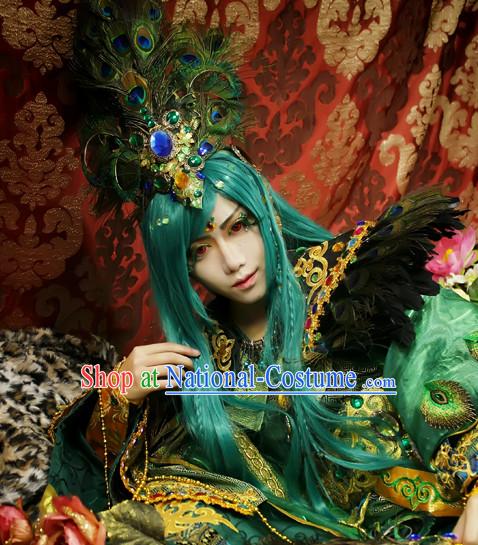 Ancient Chinese Style Weave Long Wigs and Peacock Feather Hair Accessories for Men