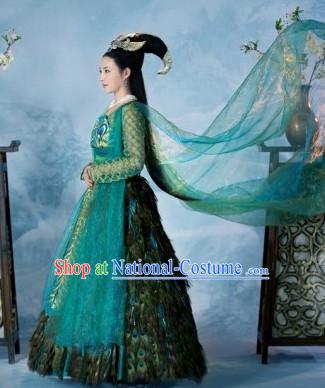 Ancient Chinese Peacock Feather Princess Costume and Hair Accessories Complete Set