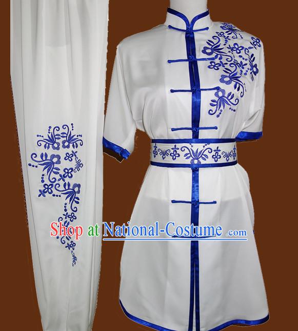 Blue Flower Embroidery Short Sleeves Wushu Uniforms