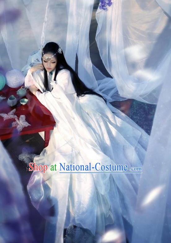 China Civilization Chinese Pure White Hanfu Clothing and Hair Jewelry Complete Set for Women