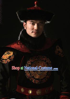 Chinese Qing Dynasty Emperor Dragon Costumes and Hat Complete Set