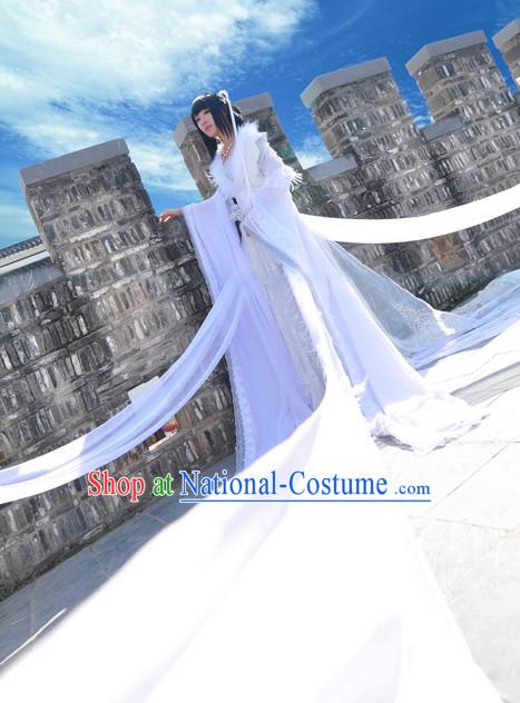 Chinese Pure White Fairy Cosplay Halloween Costumes and Hair Jewelry Complete Set