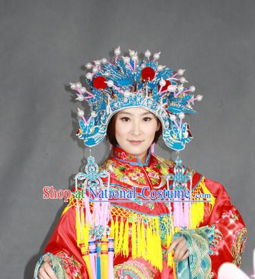 Chinese Traditional National Costume Phoenix Embroidered Robe and Phoenix Hat