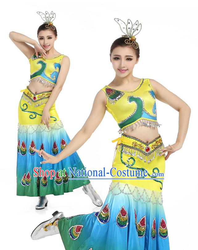 Chinese Traditional Peacock Dance Suppy and Headwear Complete Set