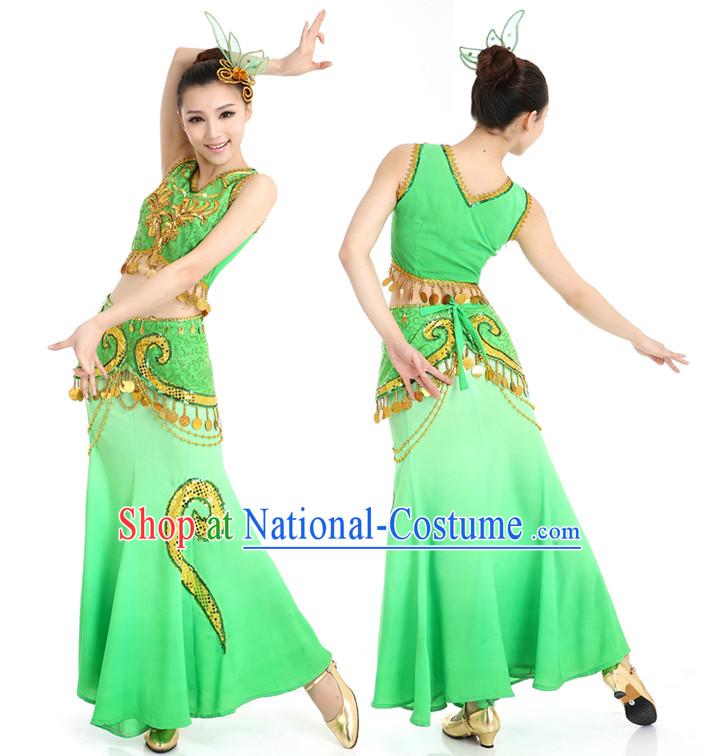 Chinese Traditional Yunnan Peacock Dance Costumes Suppy and Headwear Complete Set