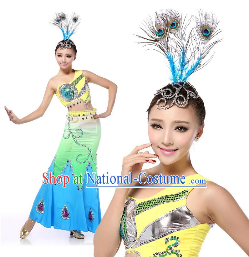 Chinese Traditional Peacock Dance Costumes Suppy and Headpieces Complete Set