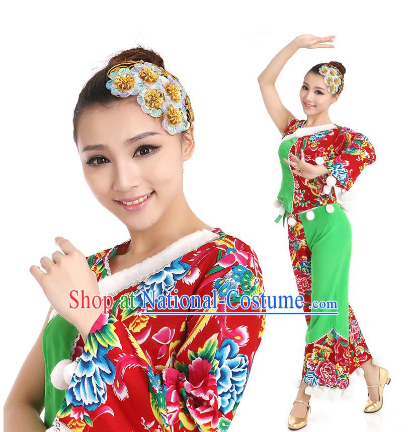 Chinese Fan Dance Costumes Apparel Dance Stores Dance Gear Dance Attire and Hair Accessories Complete Set for Women