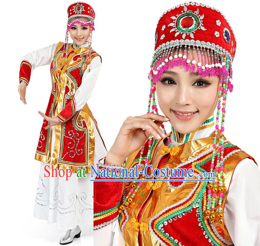 Chinese Meng Gu Dance Costumes Apparel Dance Stores Dance Gear Dance Attire and Hair Accessories Complete Set for Women