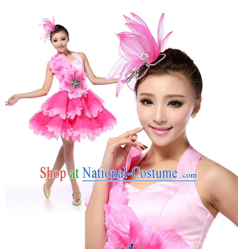 Chinese Flower Dancing Costumes Apparel Dance Stores Dance Gear Dance Attire and Hair Accessories Complete Set