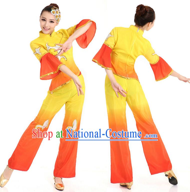 Asian Chinese Classical Fan Dancing Costume Dance Stores Dance Gear Dance Attire and Hair Accessories Complete Set