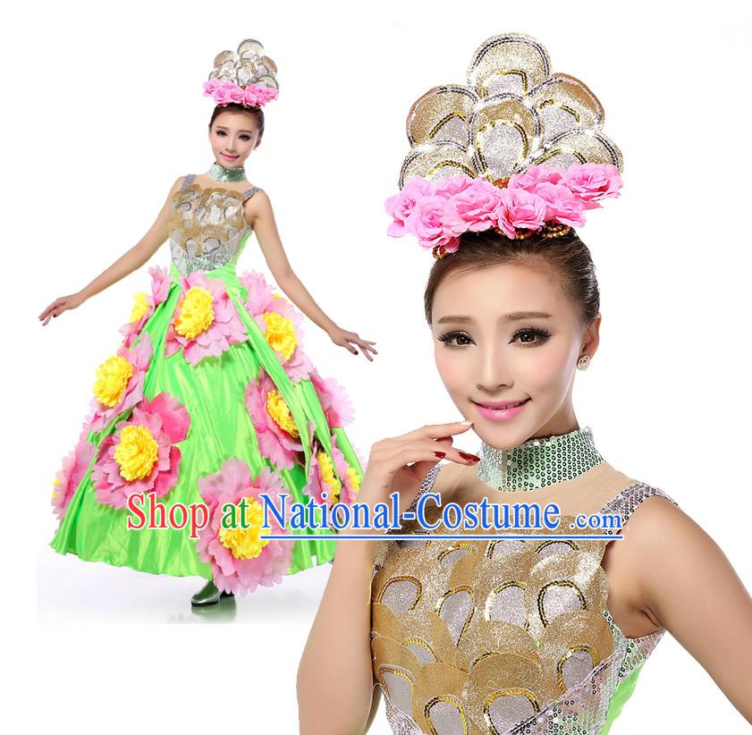 Chinese Stage Dancing Costumes Apparel Dance Stores Dance Gear Dance Attire and Hair Accessories Full Set