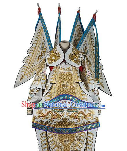 Chinese White Theatrical Costume Beijing Opera Costumes Peking Opera Wu Sheng Embroidered Armor Costumes and Flags for Men