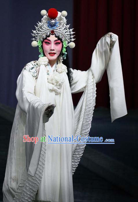 Pure White Chinese Beijing Opera Hua Dan Hua Tan Costumes and Hair Accessories Complete Set for Women