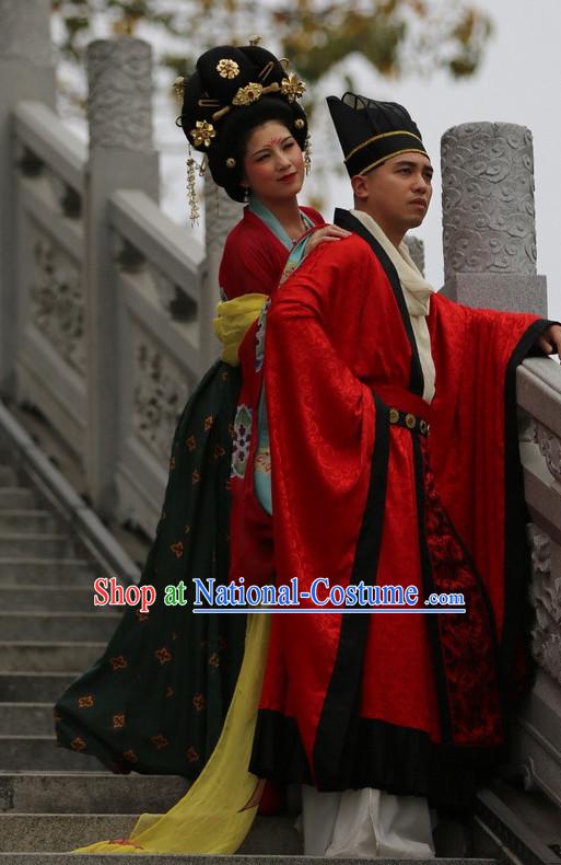 Chinese Tang Wedding Dress Folk Dress and Accessories 2 Complete Sets