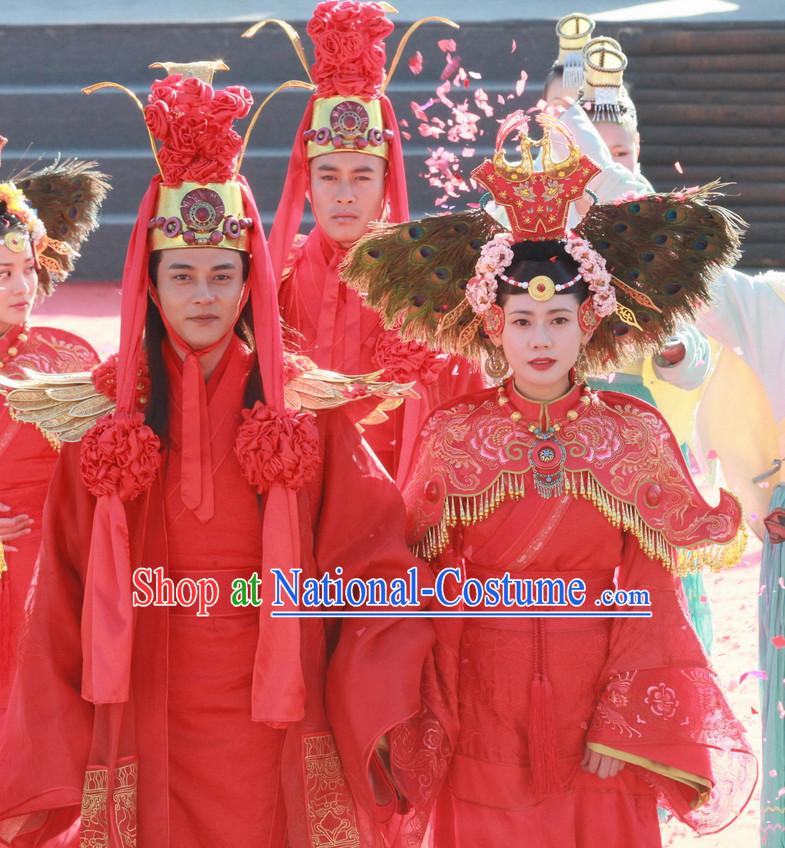 Chinese Ancient Ethnic Minority Wedding Dresses and Headwear 2 Sets