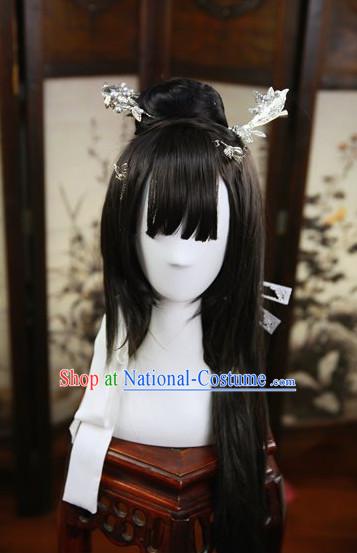 Chinese Traditional Black Long Wig and Hair Accessories