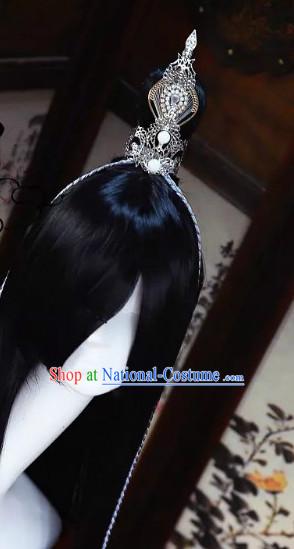 Chinese Traditional Black Long Wig and Prince Coronet