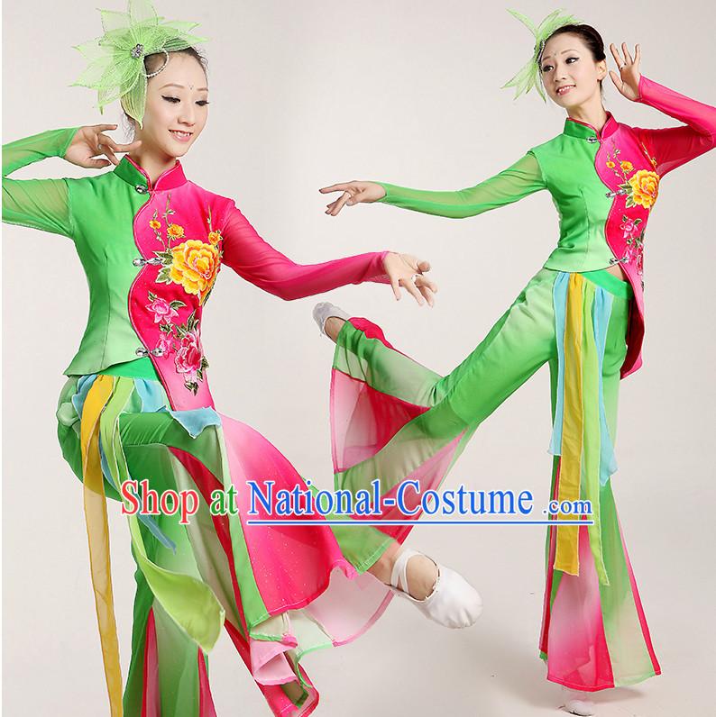 Chinese Folk Ribbon or Fan Dancing Costume and Headwear Complete Set for Women