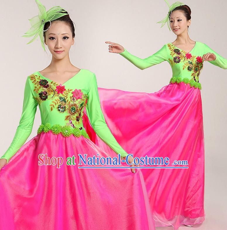 Chinese Folk Ribbon or Fan Dancing Costume and Headwear Complete Set for Women