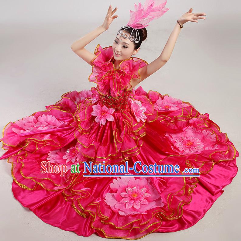 Chinese Folk Flower Dancing Costume and Headwear Complete Set for Women