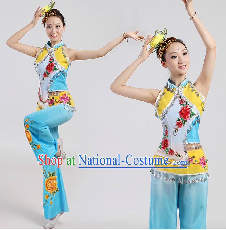 Chinese Folk Ribbon Dancing Costume and Headwear Complete Set for Women