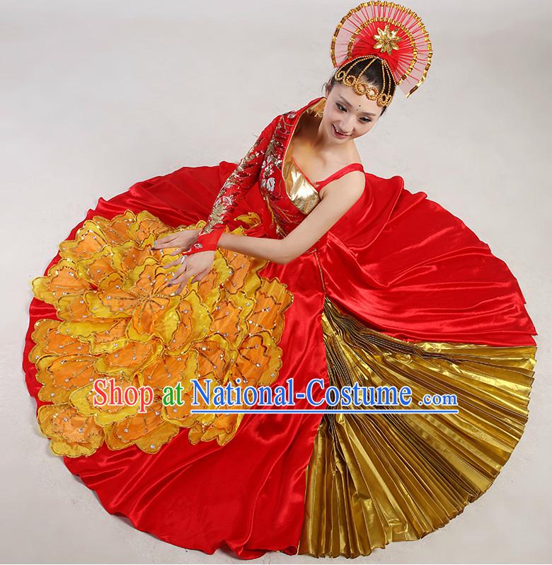 Chinese Folk Flower Dancing Costume and Headwear Complete Set for Women