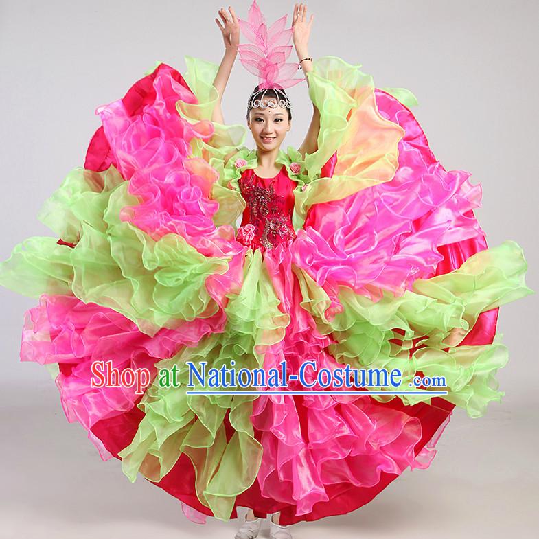 Chinese Folk Flower Dancing Costume and Headwear Complete Set for Women