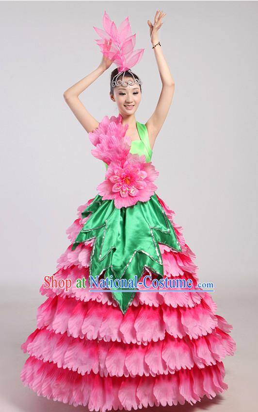 Chinese Flower Dance Costumes and Headwear Complete Set for Women