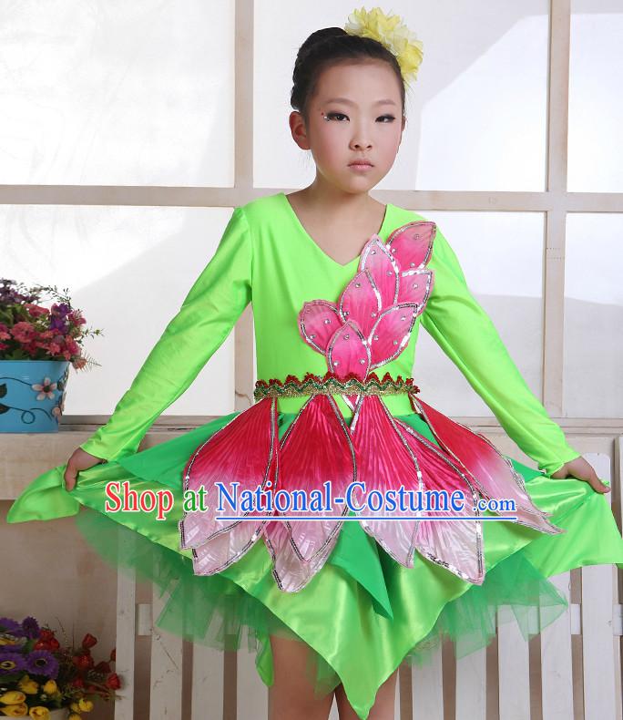 Chinese Flower Dance Costume and Headwear Complete Set for Kids