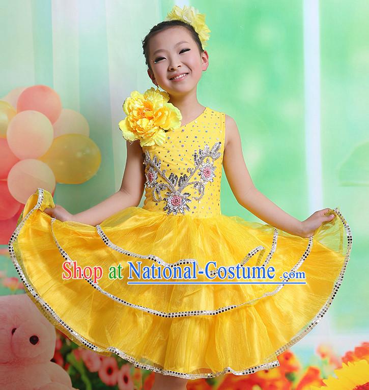 Chinese Flower Dancing Costumes and Hair Accessory Complete Set for Kids