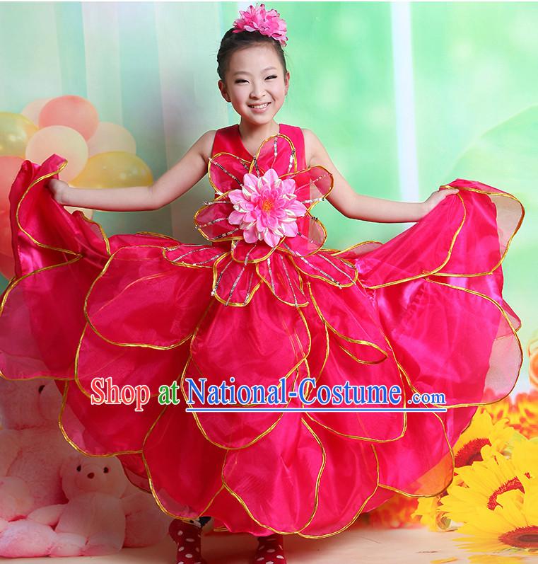 Chinese Flower Dancing Costume and Hair Accessory Complete Set for Kids