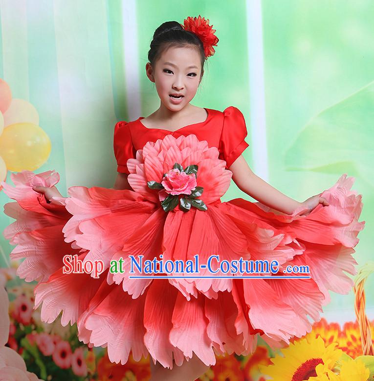 Chinese Flower Dancing Costume and Hair Accessory Complete Set for Kids