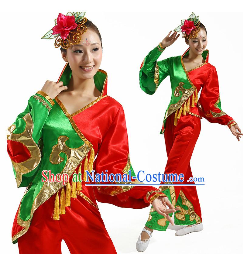 Chinese Flower Dancing Costume and Hair Accessory Complete Set for Ladies