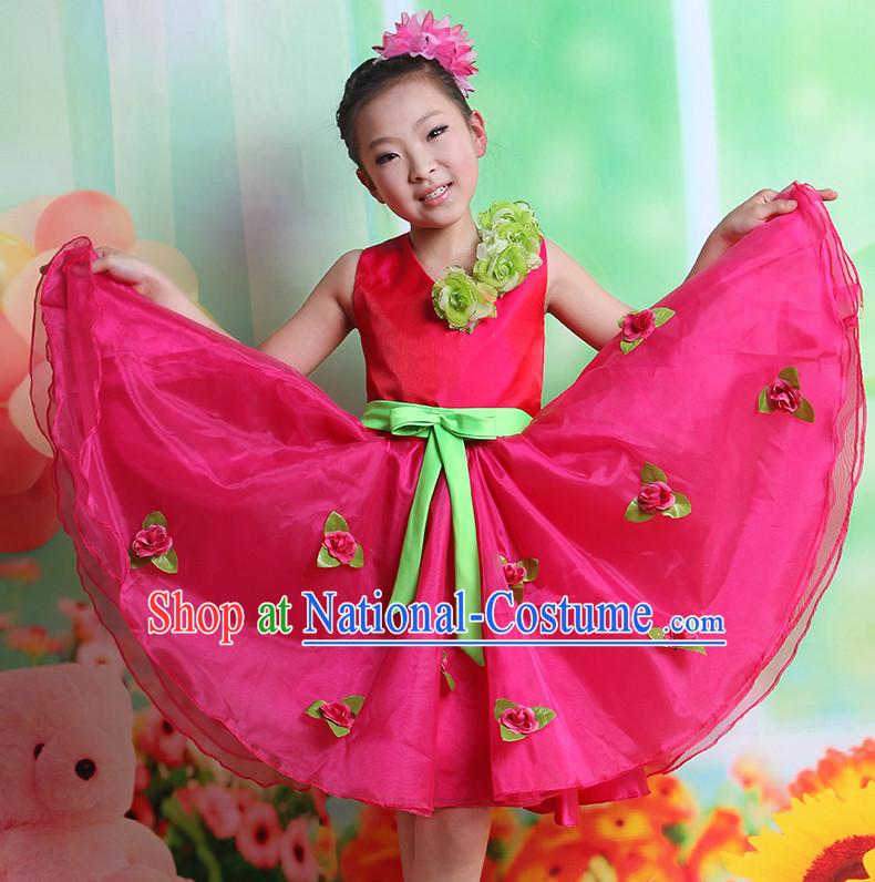 Chinese Folk Ribbon Dancing Costumes and Hair Accessory Complete Set for Kids