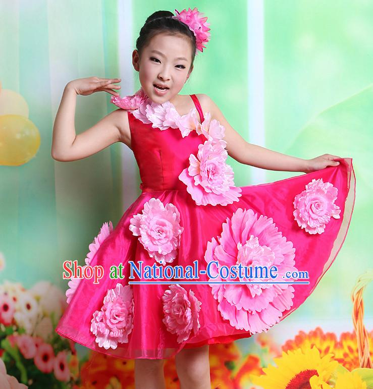 Chinese Flower Dancing Costumes and Hair Accessory Complete Set for Kids