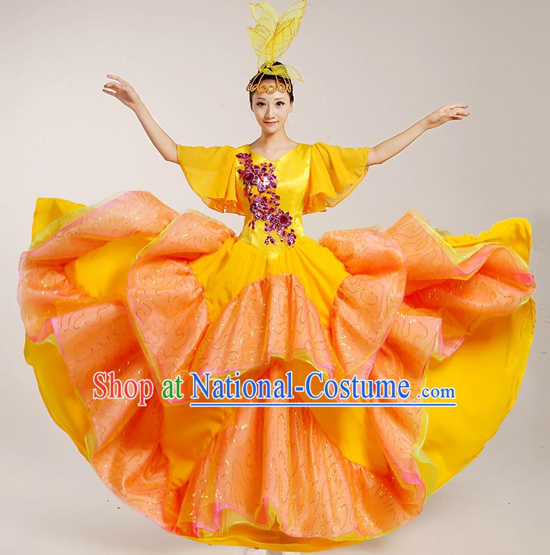 Chinese Flower Dancing Costumes and Headwear Complete Set for Women