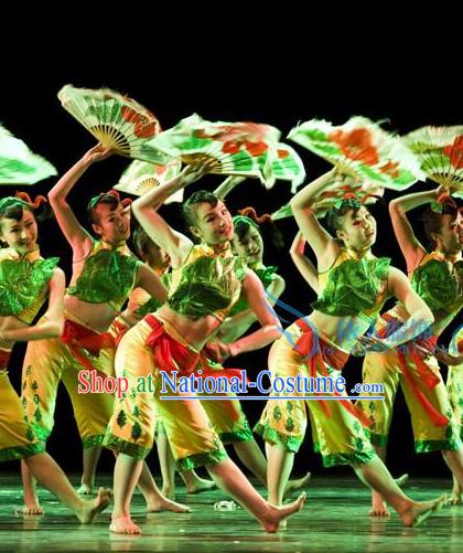 Stage Performance Chinese Folk Kids Dance Costumes and Headwear Complete Set