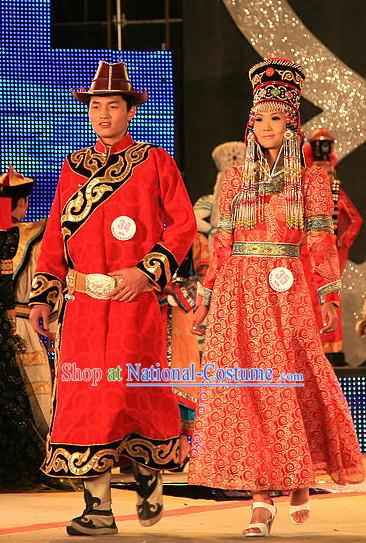 Traditional Chinese Mongolian Clothing 2 Sets for Men and Women