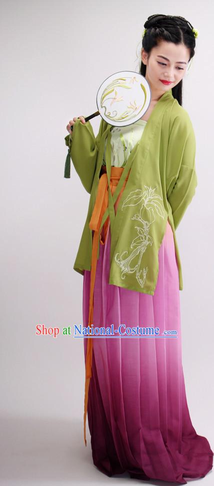 Ancient Chinese Classical Dancing Costumes and Fan Complete Set for Women