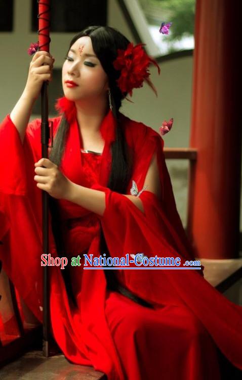 Red Chinese Sexy Swordswomen Halloween Costumes Complete Set for Women