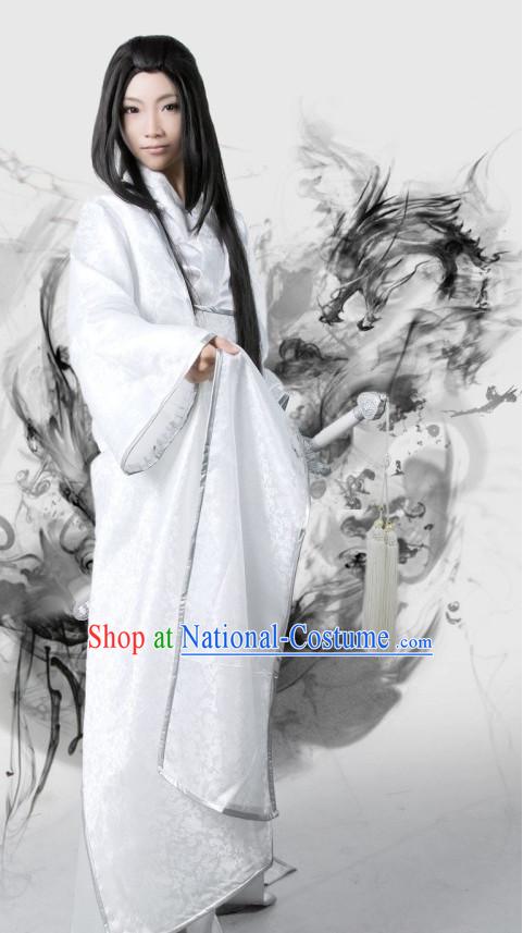 Pure White Traditional Chinese Swordsman Costumes and Long Wigs Complete Set for Men