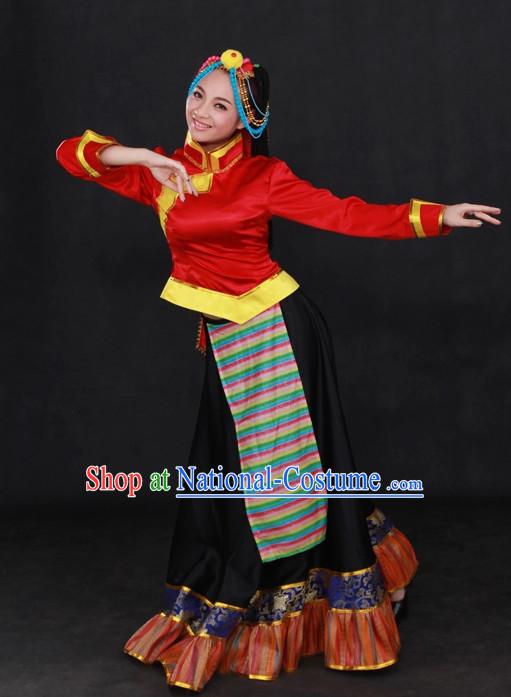 Traditional Chinese Ethnic Tibet Nationality People Folk Dresses and Hat Complete Set for Women