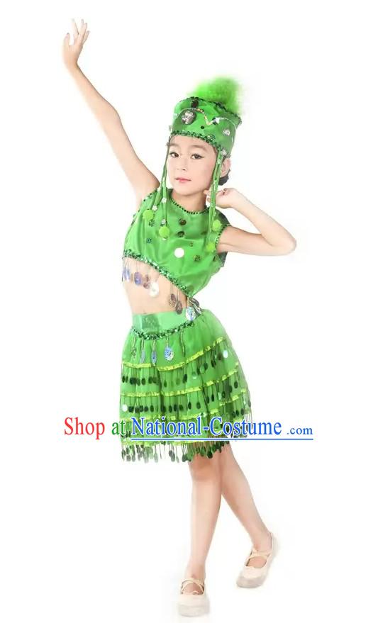 Green Stage Performance Dance Costume and Headpieces for Kids