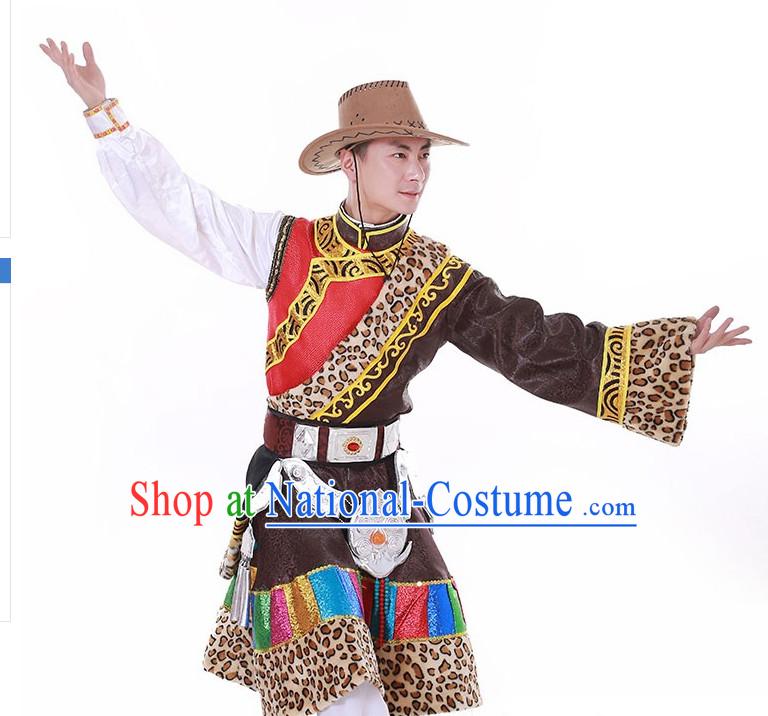 Chinese Custom Made Tibet Folk Dance Costume and Headpieces Complete Set for Men