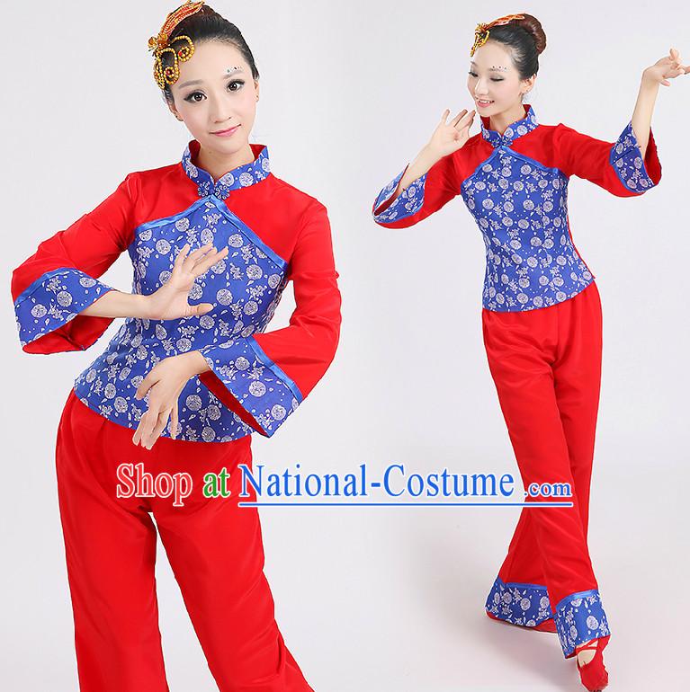 Chinese Han Dance Costumes Group Dancing Costume Dancewear China Dress Dance Wear and Head Pieces Complete Set